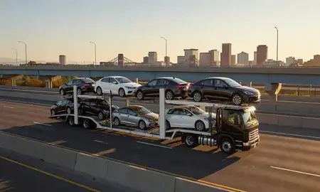 Car transporter with the Sacramento, California, United States skyline behind it