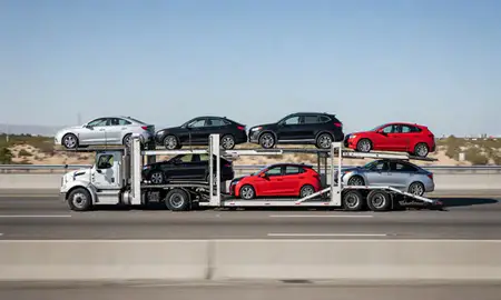 Multi-level car carrier on the highway to San Bernardino, California, United States