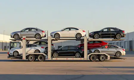 Car transporter parked in an industrial area of San Bernardino, California, United States