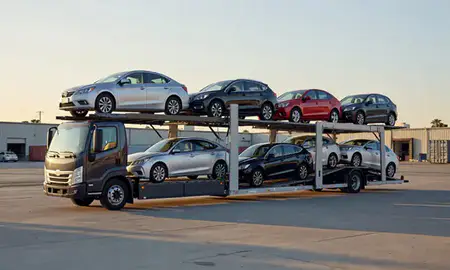 Car transporter loaded with vehicles in San Bernardino, California, United States