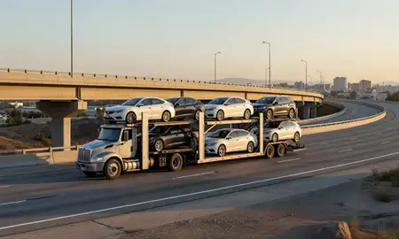 Car transporter with the San Bernardino, California, United States skyline behind it