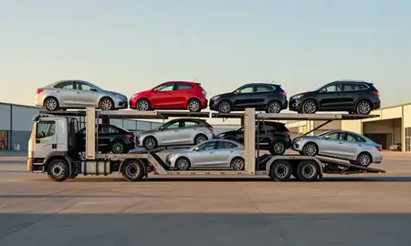 Car transporter parked in an industrial area of San Diego, California, United States