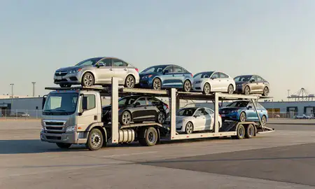 Car transporter loaded with vehicles in San Diego, California, United States