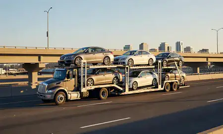 Car transporter with the San Diego, California, United States skyline behind it