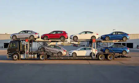 Car transporter parked in an industrial area of San Francisco, California, United States