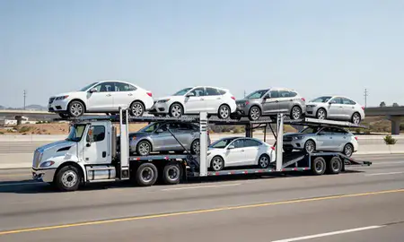Multi-level car carrier on the highway to San Jose, California, United States
