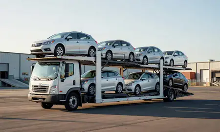Car transporter loaded with vehicles in San Jose, California, United States