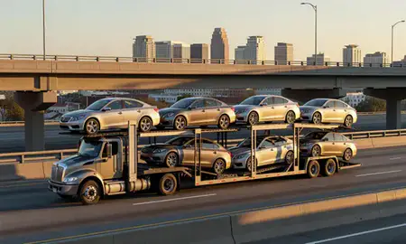 Car transporter with the San Jose, California, United States skyline behind it