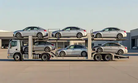 Car transporter parked in an industrial area of Santa Ana, California, United States