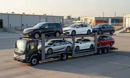 Car transporter loaded with vehicles in Santa Ana, California, United States