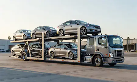 Car transporter loaded with vehicles in Santa Barbara, California, United States