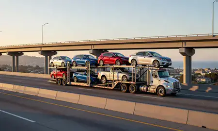 Car transporter with the Santa Barbara, California, United States skyline behind it