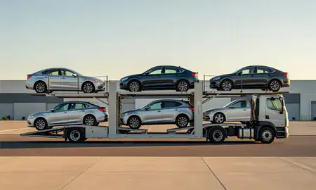 Car transporter parked in an industrial area of Santa Clarita, California, United States