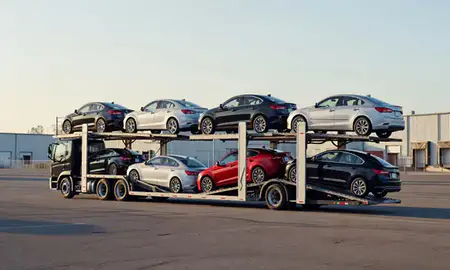 Car transporter loaded with vehicles in Santa Clarita, California, United States