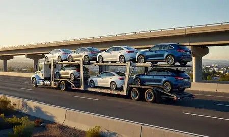 Car transporter with the Santa Clarita, California, United States skyline behind it