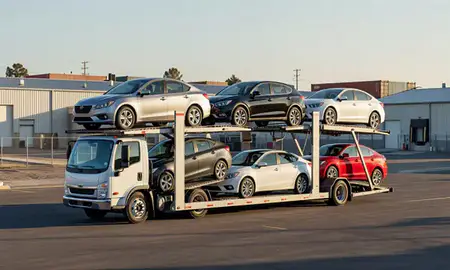 Car transporter loaded with vehicles in Santa Rosa, California, United States