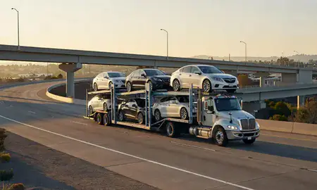 Car transporter with the Santa Rosa, California, United States skyline behind it