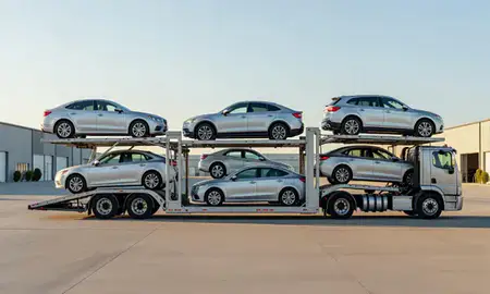 Car transporter parked in an industrial area of Stockton, California, United States