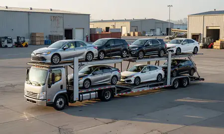 Car transporter loaded with vehicles in Stockton, California, United States
