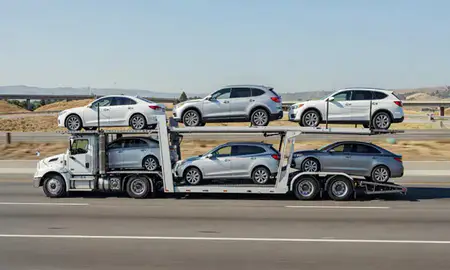Multi-level car carrier on the highway to Thousand Oaks, California, United States