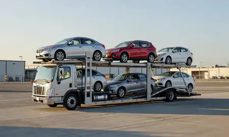 Car transporter loaded with vehicles in Thousand Oaks, California, United States