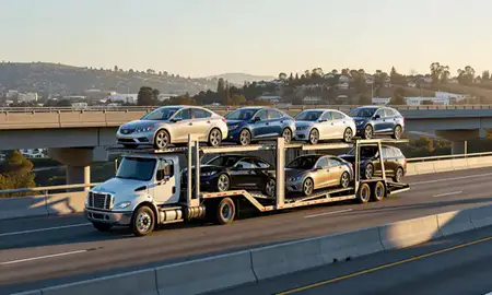 Car transporter with the Thousand Oaks, California, United States skyline behind it