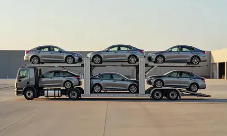 Car transporter parked in an industrial area of Victorville, California, United States