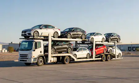 Car transporter loaded with vehicles in Victorville, California, United States