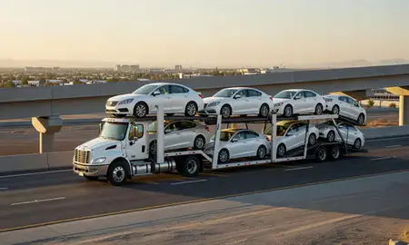 Car transporter with the Victorville, California, United States skyline behind it