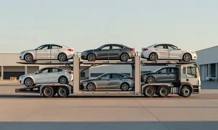 Car transporter parked in an industrial area of Colorado, United States