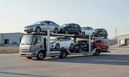 Car transporter loaded with vehicles in Colorado, United States