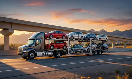 Car transporter with the Colorado, United States skyline behind it