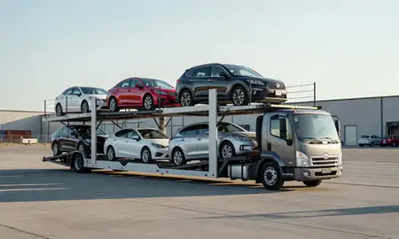 Car transporter loaded with vehicles in Arvada, Colorado, United States