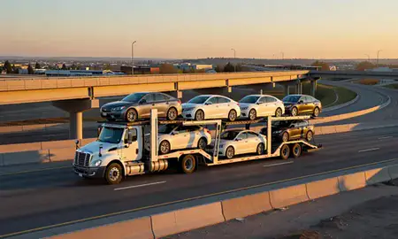 Car transporter with the Arvada, Colorado, United States skyline behind it