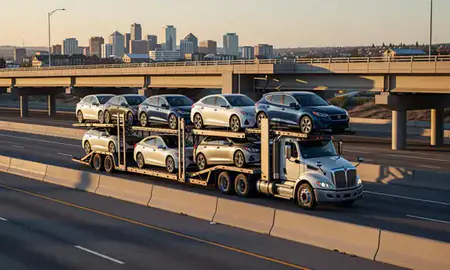 Car transporter with the Aurora, Colorado, United States skyline behind it