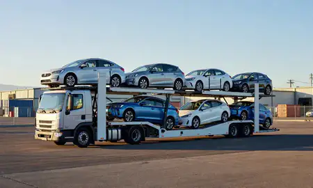 Car transporter loaded with vehicles in Boulder, Colorado, United States