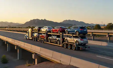 Car transporter with the Boulder, Colorado, United States skyline behind it