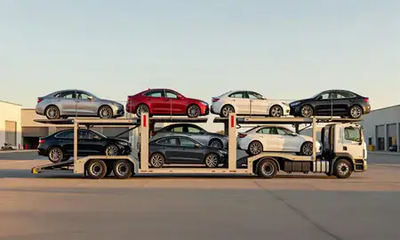 Car transporter parked in an industrial area of Brighton, Colorado, United States