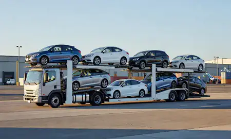 Car transporter loaded with vehicles in Brighton, Colorado, United States