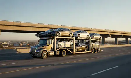Car transporter with the Brighton, Colorado, United States skyline behind it