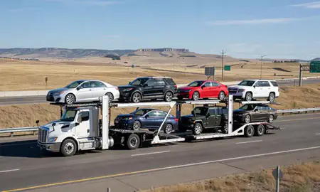Multi-level car carrier on the highway to Broomfield, Colorado, United States