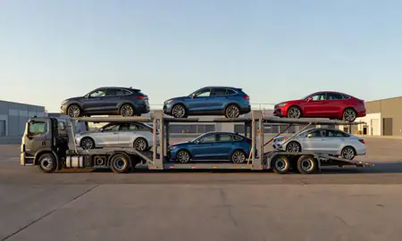 Car transporter parked in an industrial area of Broomfield, Colorado, United States