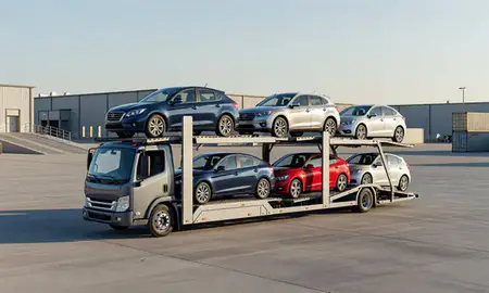 Car transporter loaded with vehicles in Broomfield, Colorado, United States