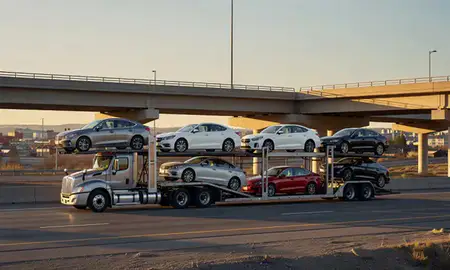 Car transporter with the Broomfield, Colorado, United States skyline behind it