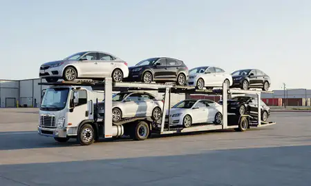 Car transporter loaded with vehicles in Castle Rock, Colorado, United States