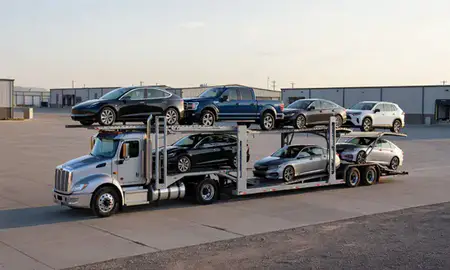 Car transporter loaded with vehicles in Centennial, Colorado, United States