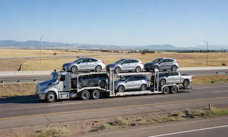 Multi-level car carrier on the highway to Colorado Springs, Colorado, United States