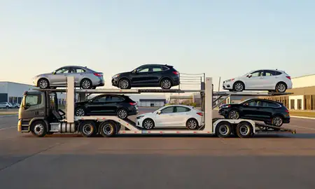 Car transporter parked in an industrial area of Commerce City, Colorado, United States
