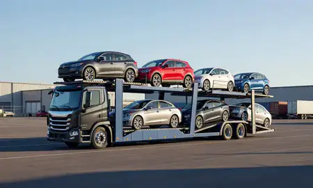 Car transporter loaded with vehicles in Commerce City, Colorado, United States
