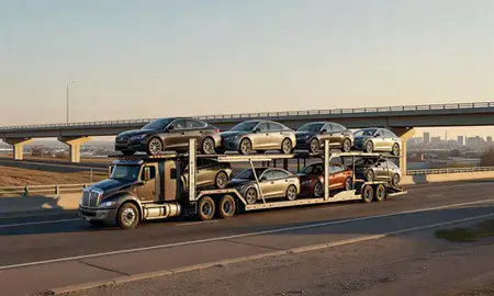 Car transporter with the Commerce City, Colorado, United States skyline behind it